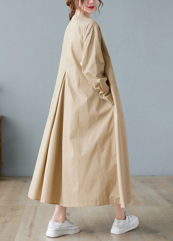 Loose Khaki O-neck Button Wrinkled Pocket Shirt Dresses Long Sleeve