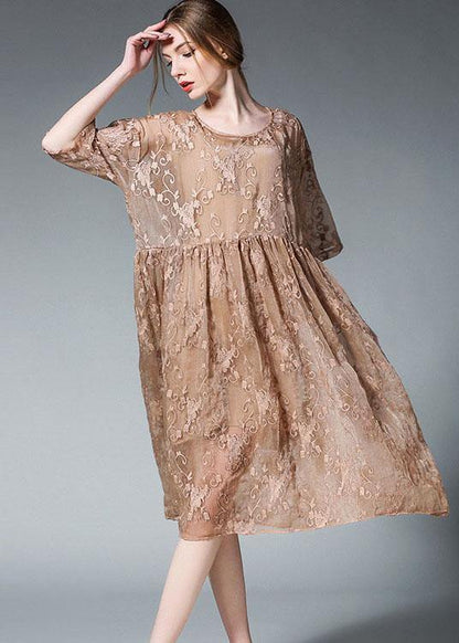 Loose Khaki O-neck Patchwork Summer Dress Half Sleeve