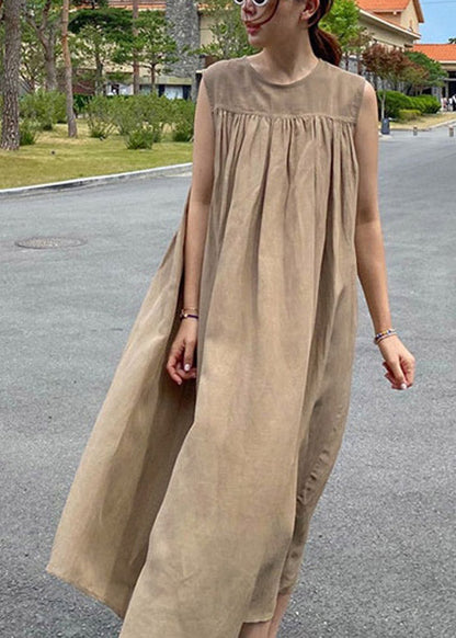 Loose Khaki O-neck Patchwork Wrinkled Llong Dress Summer