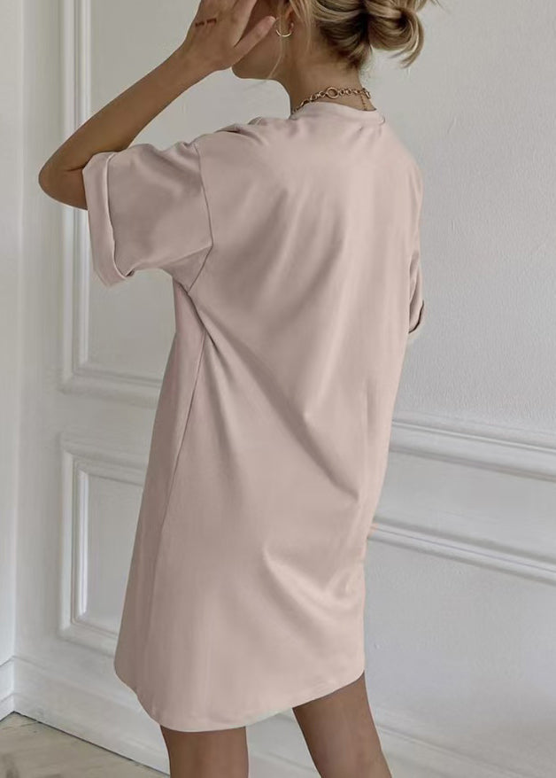 Loose Khaki O Neck Cotton Mid Dress Summer
