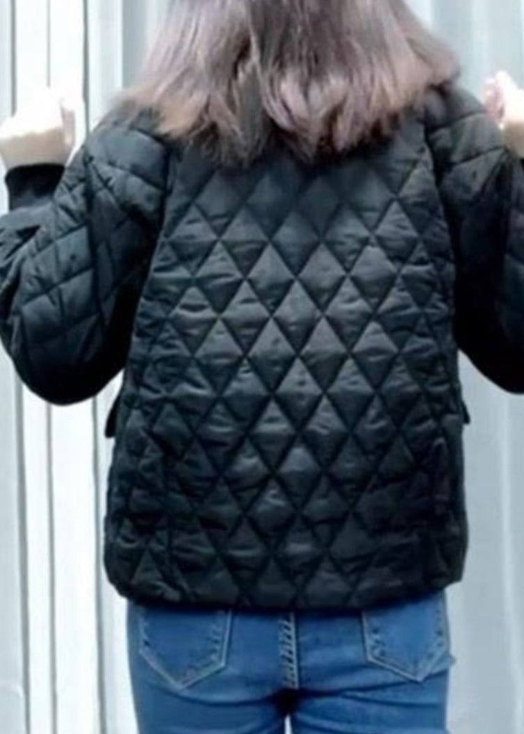 Loose Khaki Peter Pan Collar Pockets Plaid Button Warm Parka Long Sleeve