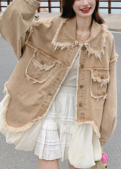 Loose Khaki Peter Pan Collar Raw Edge Pockets Denim Coats Spring