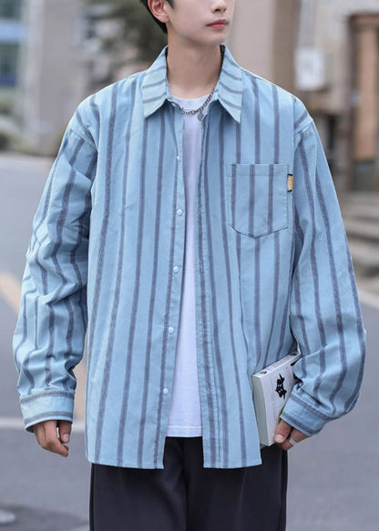 Loose Khaki Peter Pan Collar Striped Pockets Cotton Men Shirts Spring