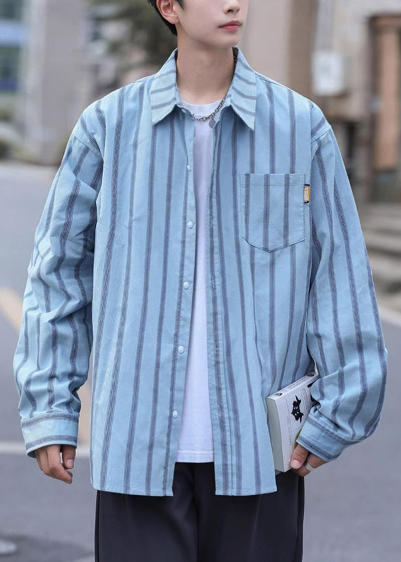 Loose Khaki Peter Pan Collar Striped Pockets Cotton Shirts Spring