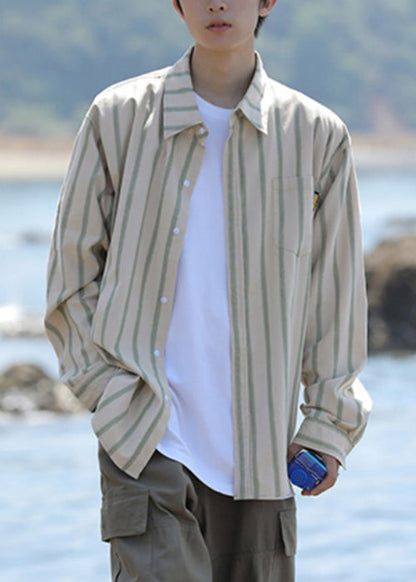 Loose Khaki Peter Pan Collar Striped Pockets Cotton Men Shirts Spring