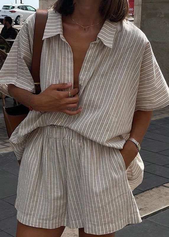 Loose Khaki Peter Pan Collar Striped Shirts and Shorts Two Pieces Set Short Sleeve