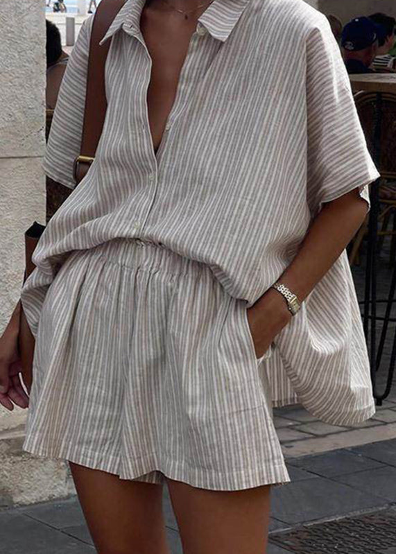 Loose Khaki Peter Pan Collar Striped Shirts and Shorts Two Pieces Set Short Sleeve