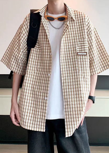 Loose Khaki Plaid Button Cotton Shirt Half Sleeve