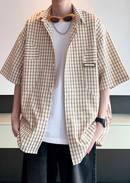 Loose Khaki Plaid Button Cotton Shirt Half Sleeve