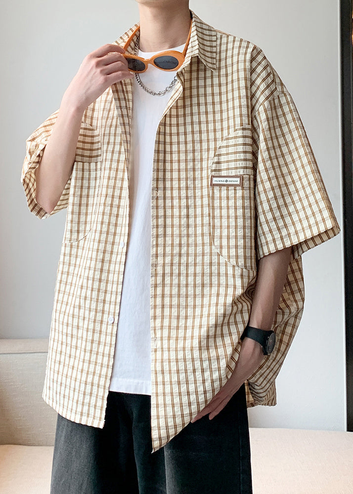 Loose Khaki Plaid Button Cotton Shirt Half Sleeve