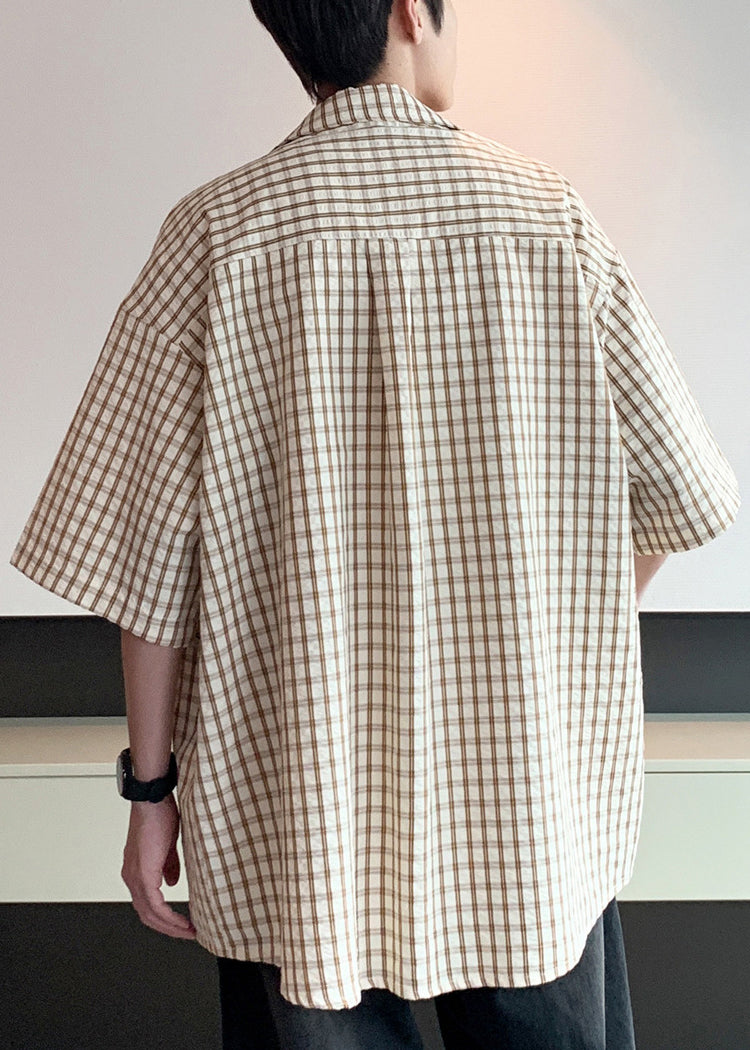 Loose Khaki Plaid Button Cotton Shirt Half Sleeve