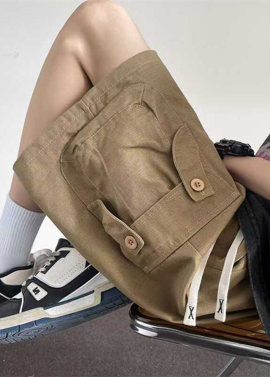 Loose Khaki Pockets Button Drawstring Cotton Shorts Summer