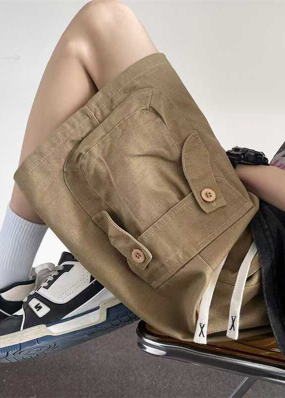 Loose Khaki Pockets Button Drawstring Cotton Shorts Summer