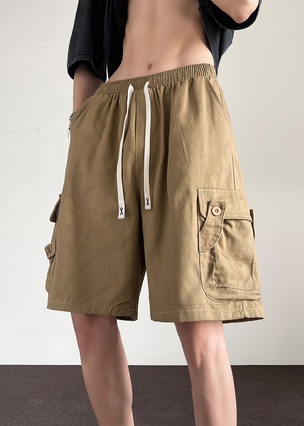 Loose Khaki Pockets Button Drawstring Cotton Shorts Summer
