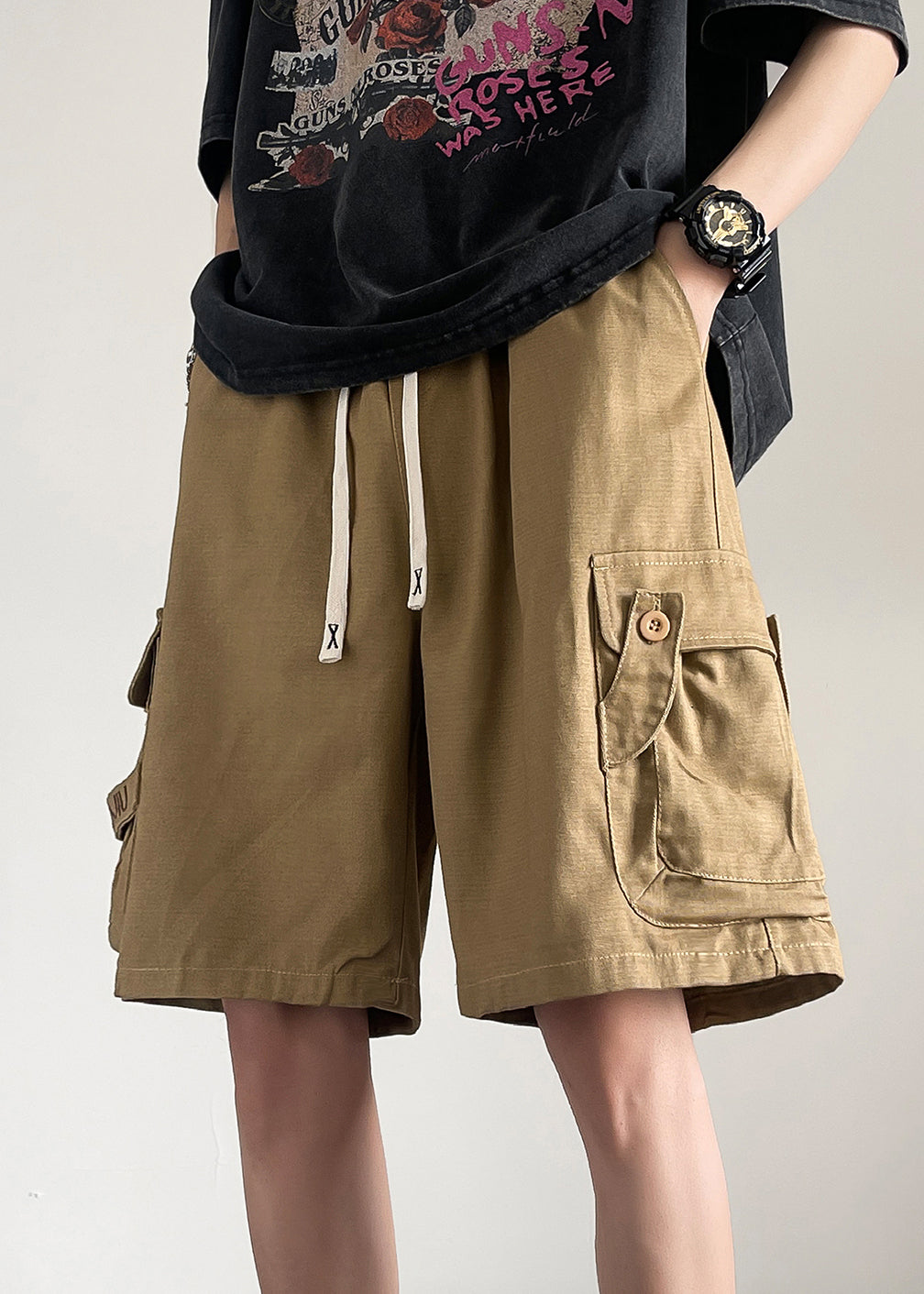 Loose Khaki Pockets Button Drawstring Cotton Shorts Summer