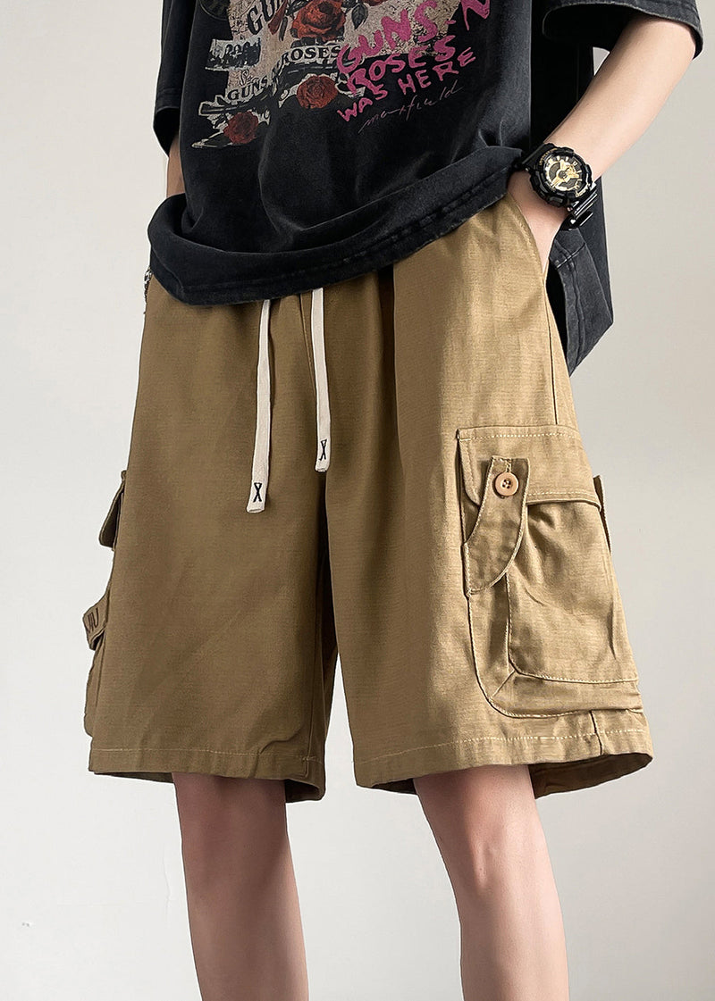 Loose Khaki Pockets Button Drawstring Cotton Shorts Summer