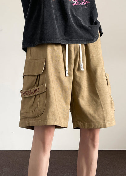 Loose Khaki Pockets Button Drawstring Cotton Shorts Summer