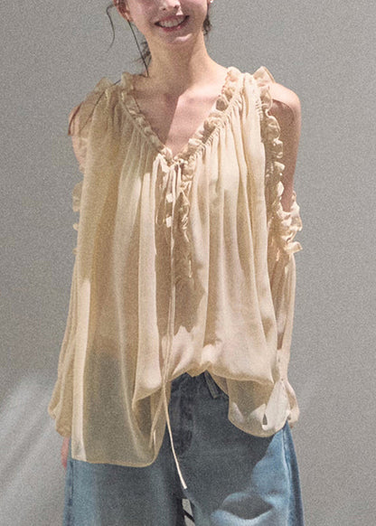 Loose Khaki Ruffled Lace Up Chiffon Shirts Fall