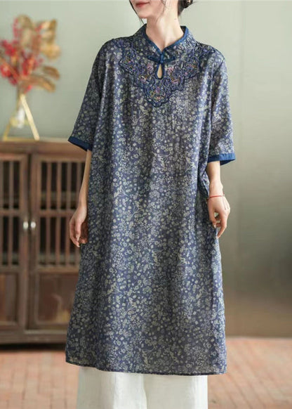 Loose Khaki Stand Collar Embroideried Button Ramie Maxi Dress Half Sleeve