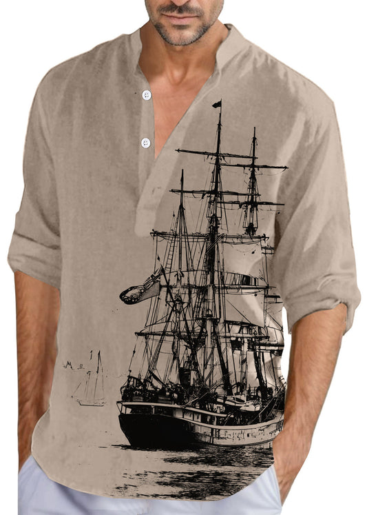Loose Khaki Stand Collar Print Button Cotton Men Shirts Fall