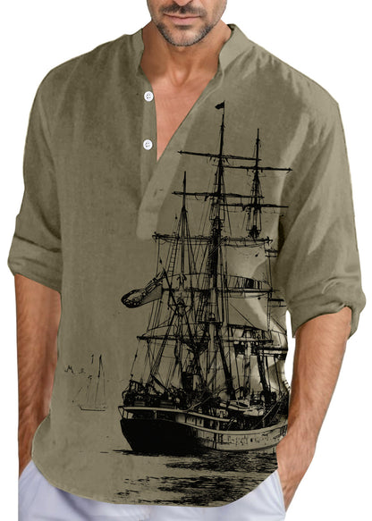 Loose Khaki Stand Collar Print Button Cotton Men Shirts Fall