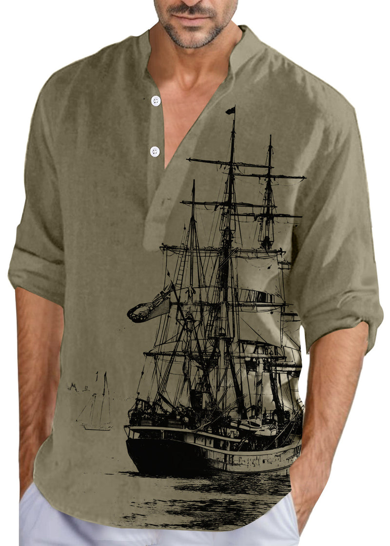 Loose Khaki Stand Collar Print Button Cotton Shirts Fall