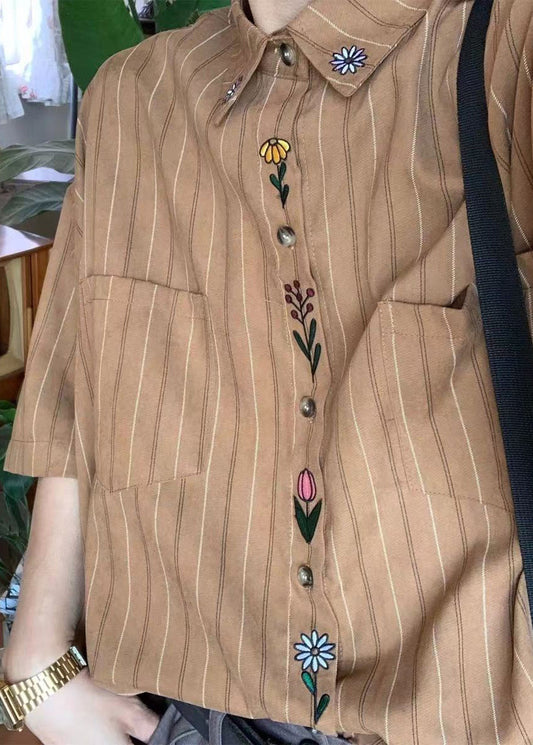 Loose Khaki Striped Button Print Cotton Shirt Summer