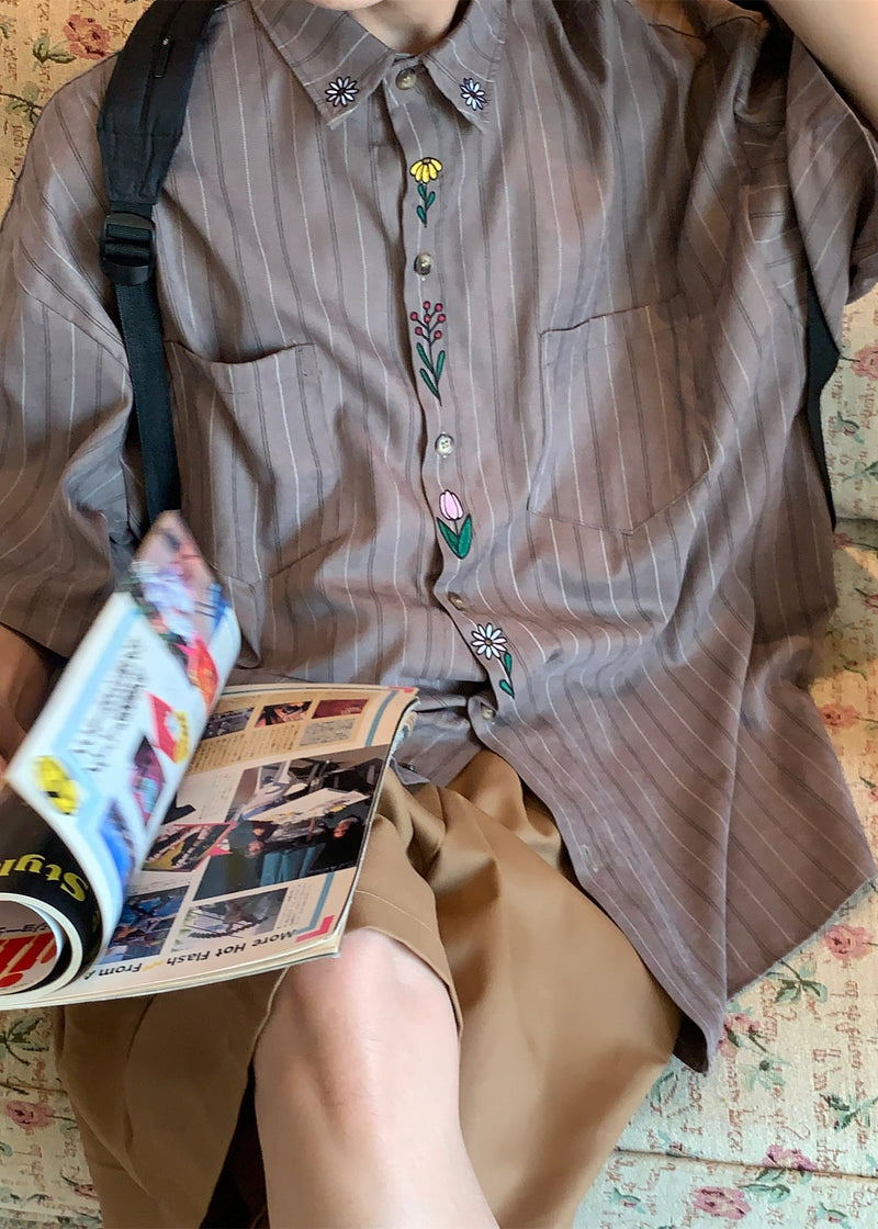 Loose Khaki Striped Button Print Cotton Shirt Summer