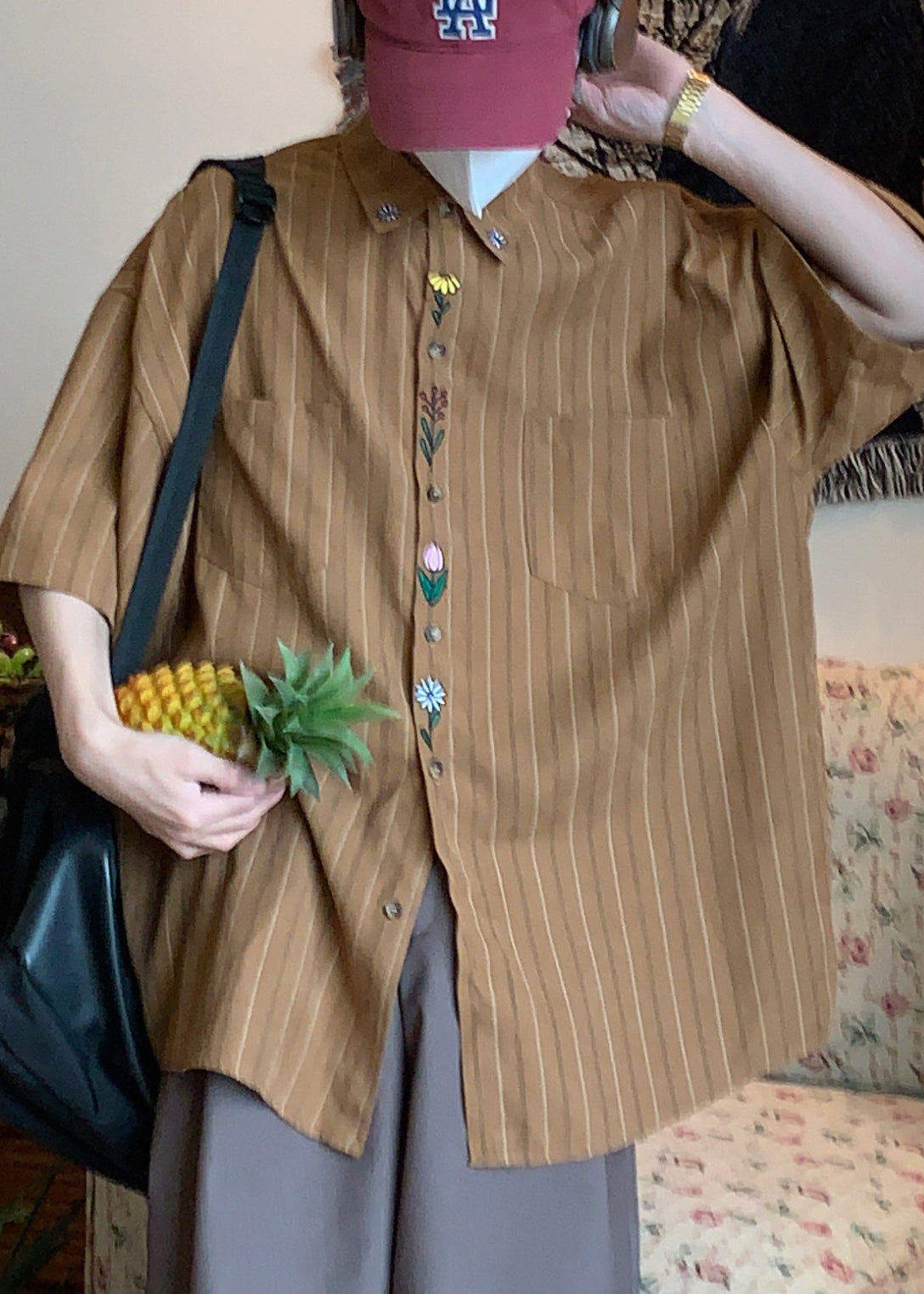 Loose Khaki Striped Button Print Cotton Shirt Summer