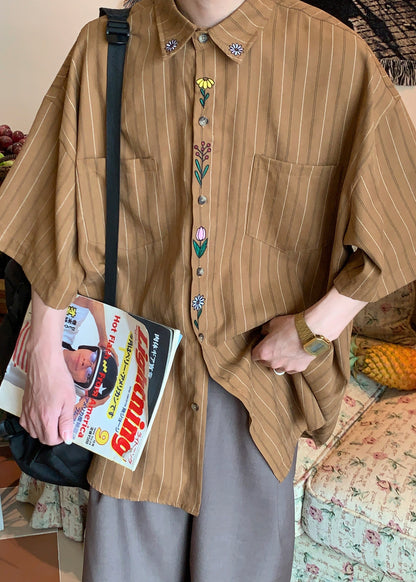 Loose Khaki Striped Button Print Cotton Shirt Summer