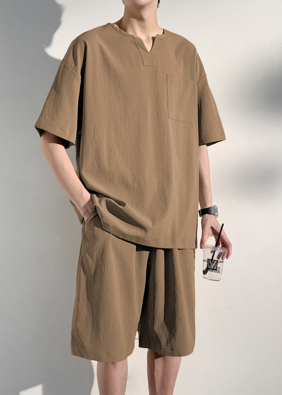 Loose Khaki V Neck Patchwork T Shirts and Shorts Two Piece Set Summer