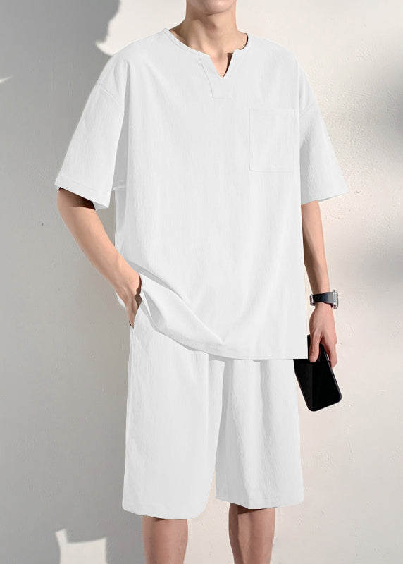 Loose Khaki V Neck Patchwork T Shirts and Shorts Two Piece Set Summer