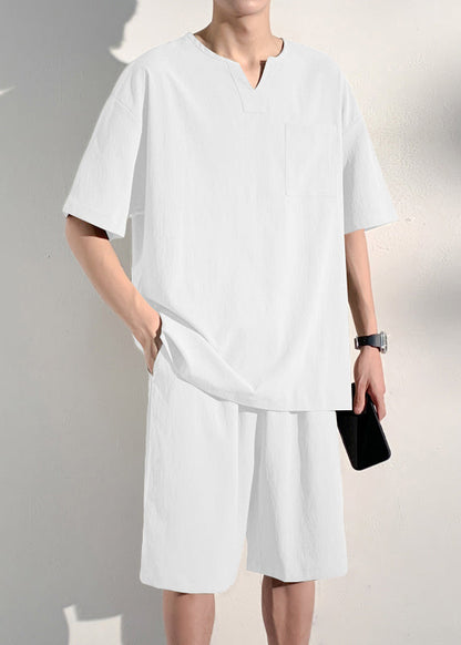 Loose Khaki V Neck Patchwork T Shirts and Shorts Two Piece Set Summer