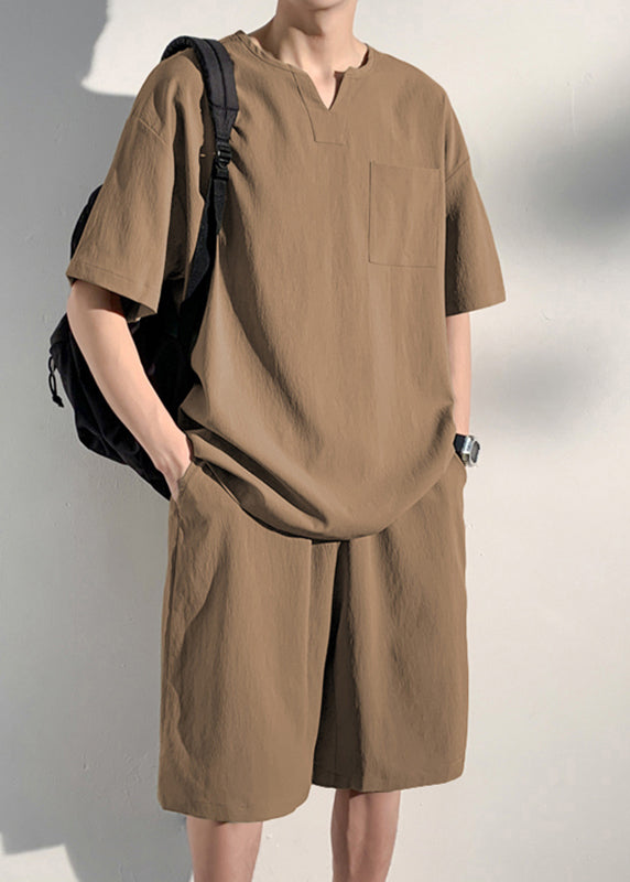 Loose Khaki V Neck Patchwork T Shirts and Shorts Two Piece Set Summer