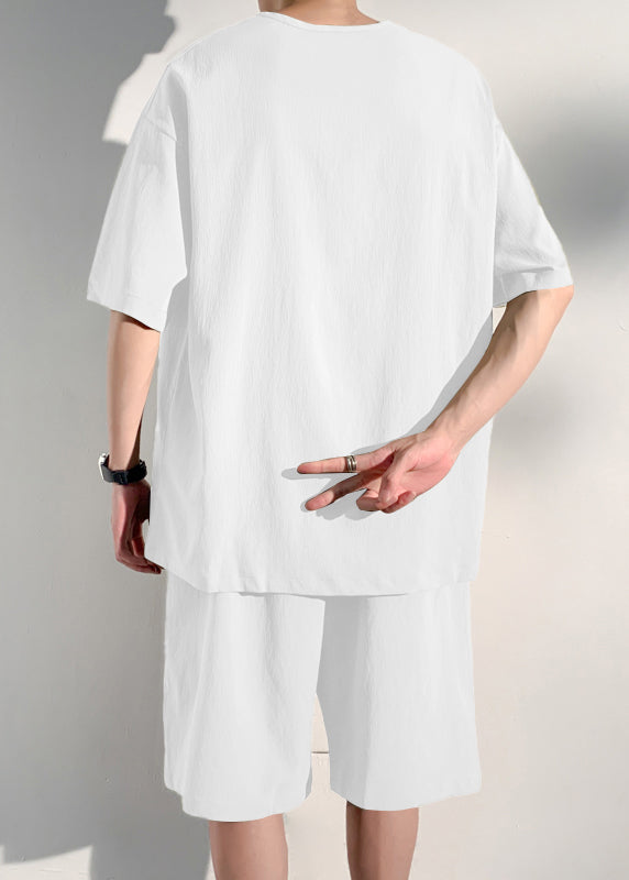 Loose Khaki V Neck Patchwork T Shirts and Shorts Two Piece Set Summer