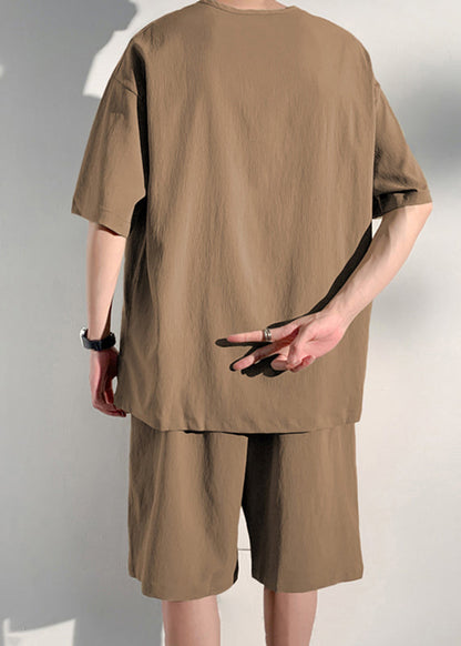 Loose Khaki V Neck Patchwork T Shirts and Shorts Two Piece Set Summer