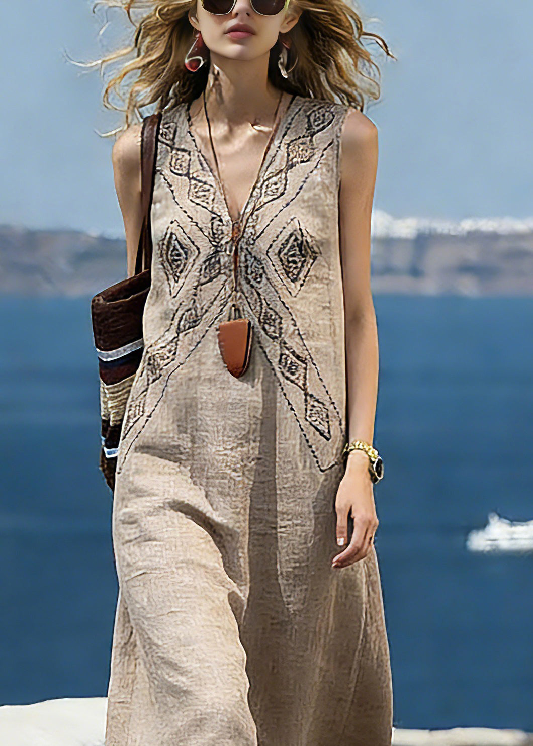 Loose Khaki V Neck Print Long Dress Summer