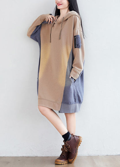 Loose Khaki Hooded Asymmetrical Pockets Patchwork Sweatshirts Dresses Spring