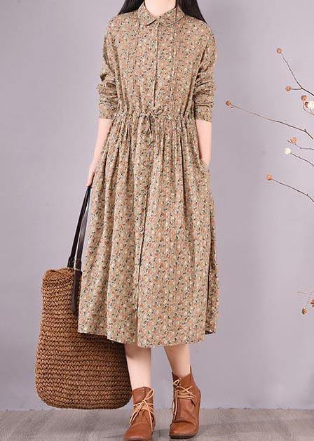 Loose Lapel Drawstring Spring Tunic Pattern Sewing Khaki Print Maxi Dresses