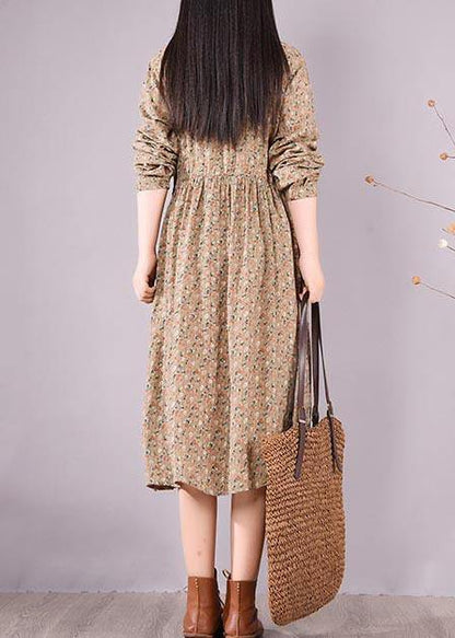 Loose Lapel Drawstring Spring Tunic Pattern Sewing Khaki Print Maxi Dresses