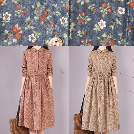 Loose Lapel Drawstring Spring Tunic Pattern Sewing Khaki Print Maxi Dresses
