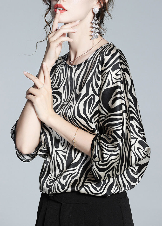 Loose Leopard O-neck Silk Tops Long Sleeve
