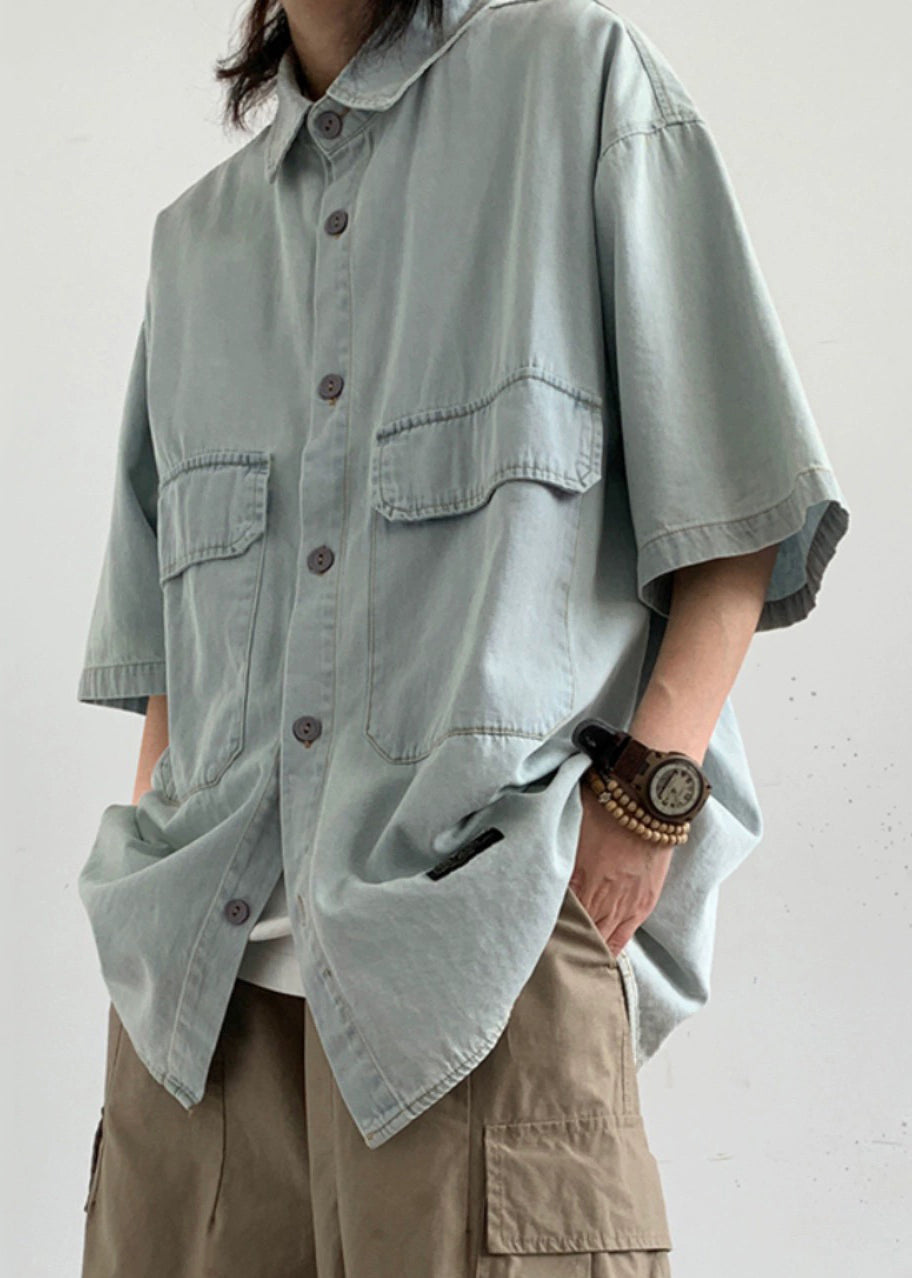 Loose Light Blue Button Pockets Denim Shirts Summer