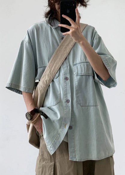 Loose Light Blue Button Pockets Denim Shirts Summer