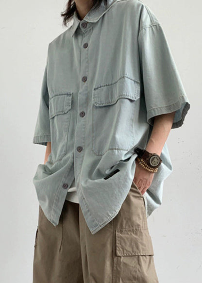 Loose Light Blue Button Pockets Denim Shirts Summer