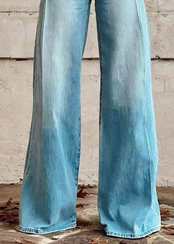 Loose Light Blue Button Pockets High Waist Denim Wide Leg Pants Spring
