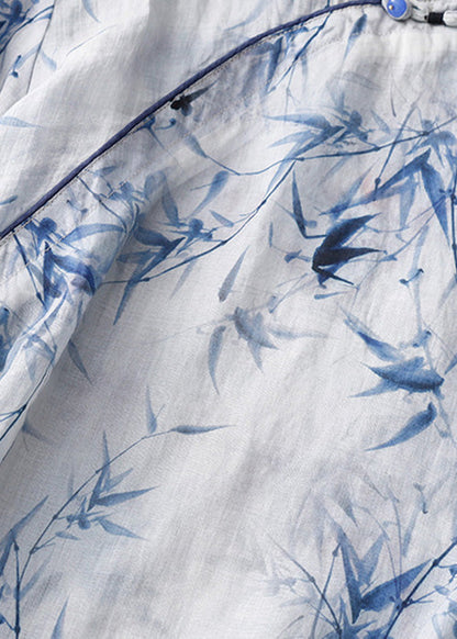 Loose Light Blue O Neck Button Print Cotton Shirt Spring