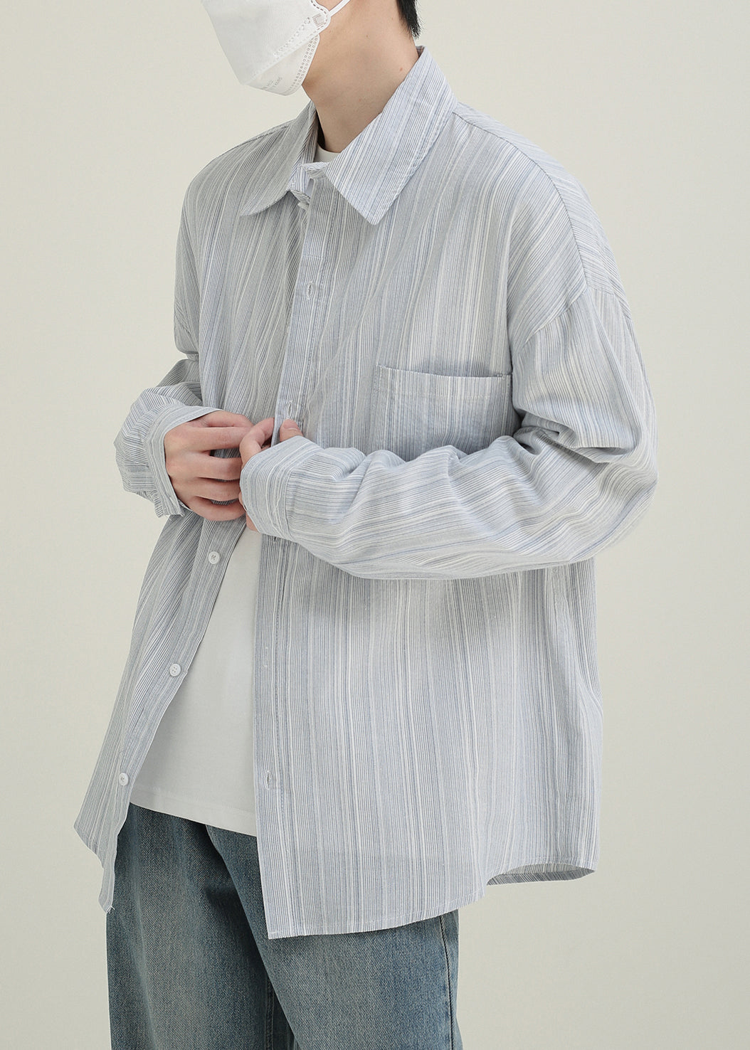 Loose Light Blue Pockets Cotton Men Shirts Peter Pan Collar Spring