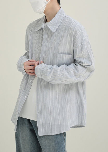 Loose Light Blue Pockets Cotton Men Shirts Peter Pan Collar Spring