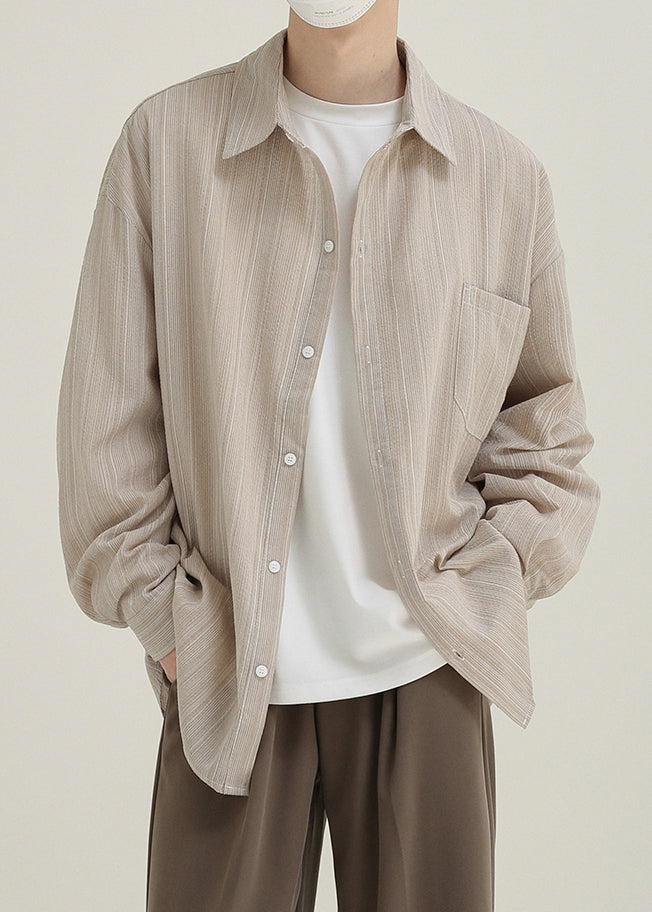 Loose Light Blue Pockets Cotton Men Shirts Peter Pan Collar Spring